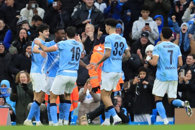 14th February 2026; Etihad Stadium, Manchester, Lancashire, England; FA Cup Football, Manchester City versus Salford City ; Marc Guehi of Manchester City celebrates with his team mates after scoring for 2-0 after 81 minutes  DavidxBlunsden Content restricted for UK based newspaper