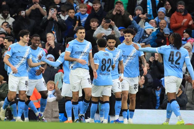 14th February 2026; Etihad Stadium, Manchester, Lancashire, England; FA Cup Football, Manchester City versus Salford City ; Marc Guehi of Manchester City celebrates with his team mates after scoring for 2-0 after 81 minutes  DavidxBlunsden Content restricted for UK based newspaper