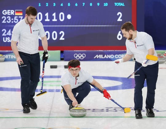USA s Aidan Oldenburg releases the stone in the match against Germany in the Round Robin Team Curling match at the 2026 Winter Olympics in Cortina, Italy on Saturday February 14, 2026. USA won the match 8-6.  OLY20260214625 HUGOxPHILPOTT