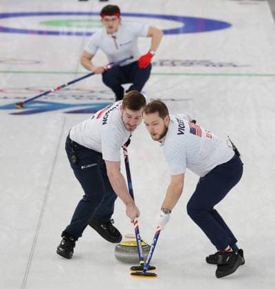 USA s Aidan Oldenburg releases the stone in the match against Germany in the Round Robin Team Curling match at the 2026 Winter Olympics in Cortina, Italy on Saturday February 14, 2026. USA won the match 8-6.  OLY20260214627 HUGOxPHILPOTT