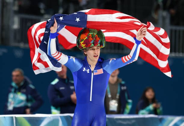 February 14, 2026, Rho, Lombardy, Italy: JORDAN STOLZ of USA celebrates winning the gold medal in the Men s Speed skating, Eisschnelllauf Men s 500m at the Milano Cortina 2026 Winter Olympic Games, Olympische Spiele, Olympia, OS Rho Italy - ZUMAc179 20260214_oly_c179_009 Copyright: xMickaelxChavetx