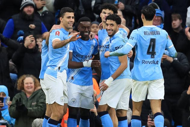 14th February 2026; Etihad Stadium, Manchester, Lancashire, England; FA Cup Football, Manchester City versus Salford City ; Marc Guehi of Manchester City celebrates with his team mates after scoring for 2-0 after 81 minutes  DavidxBlunsden Content restricted for UK based newspaper