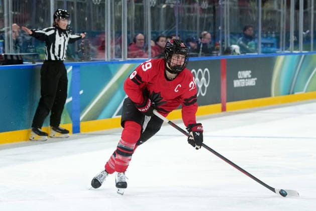 February 14, 2026, Milan, ITALY: Canada s Marie-Philip Poulin (29) prepares to take a shot during the second period of a women s hockey quarterfinal game against Germany at the 2026 Winter Olympics, in Milan, Saturday, Feb. 14, 2026. Canada News - February 14, 2026  - ZUMAc35_ 20260214_zaf_c35_035 Copyright: xDarrylxDyckx