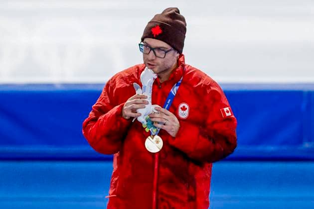 third Laurent Dubreuil of Canada smiling during the medal ceremony after Men s 500m, Milano Cortina 2026 Winter Olympics: Day 8, Speed skating, Eisschnelllauf - Milano Cortina 2026 Winter Olympics: Day 8, Milano Speed Skating Stadium, February 14, 2026, Milan, Italy.