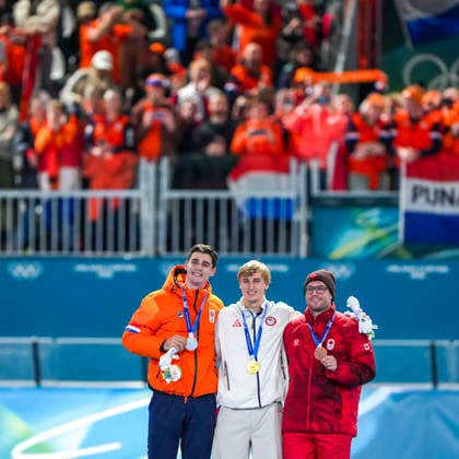 2026-02-14 - Milano Cortina 2026 Winter Olympics 500m Men MILAN, ITALY - FEBRUARY 14: Jenning De Boo of Netherlands, Jordan Stolz of United States of America, Laurent Dubreuil of Canada during the 500m Men of the Milano Cortina 2026 Winter Olympics at the Milano Speed skating, Eisschnelllauf Arena on February 14, 2026 in Milan, Italy Milan Milano Speed Skating Arena Italy Content not available for redistribution in The Netherlands directly or indirectly through any third parties. Copyright: xAndrexWeeningx