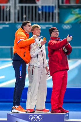 2026-02-14 - Milano Cortina 2026 Winter Olympics 500m Men MILAN, ITALY - FEBRUARY 14: Jenning De Boo of Netherlands, Jordan Stolz of United States of America, Laurent Dubreuil of Canada during the 500m Men of the Milano Cortina 2026 Winter Olympics at the Milano Speed skating, Eisschnelllauf Arena on February 14, 2026 in Milan, Italy Milan Milano Speed Skating Arena Italy Content not available for redistribution in The Netherlands directly or indirectly through any third parties. Copyright: xAndrexWeeningx