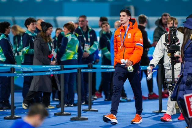 2026-02-14 - Milano Cortina 2026 Winter Olympics 500m Men MILAN, ITALY - FEBRUARY 14: Jenning De Boo of Netherlands, Jordan Stolz of United States of America during the 500m Men of the Milano Cortina 2026 Winter Olympics at the Milano Speed skating, Eisschnelllauf Arena on February 14, 2026 in Milan, Italy Milan Milano Speed Skating Arena Italy Content not available for redistribution in The Netherlands directly or indirectly through any third parties. Copyright: xAndrexWeeningx