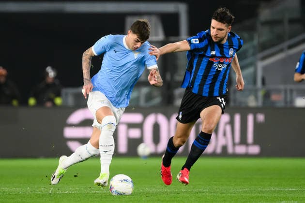 Daniel Maldini of SS Lazio and Berat Djimsiti of Atalanta BC compete for the ball during the Serie A 2025 2026 football match between SS Lazio and Atalanta BC at Stadio Olimpico in Rome (Italy), February 14, 2026. AndreaxStaccioli