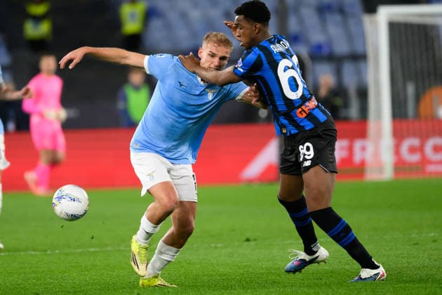 Gustav Isaksen of SS Lazio and Honest Ahanor of Atalanta BC compete for the ball during the Serie A 2025 2026 football match between SS Lazio and Atalanta BC at Stadio Olimpico in Rome (Italy), February 14, 2026. AndreaxStaccioli