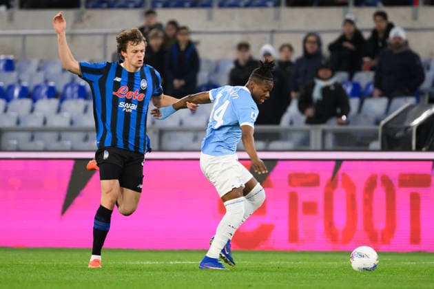 Giorgio Scalvini of Atalanta BC and Tijjani Noslin of SS Lazio compete for the ball during the Serie A 2025 2026 football match between SS Lazio and Atalanta BC at Stadio Olimpico in Rome (Italy), February 14, 2026. AndreaxStaccioli