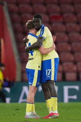 Southampton v Leicester City, FA Cup Fourth round, Football, St Marys Stadium, Southampton, UK - 14 Feb 2026 James Bree and Joshua Quarshie of Southampton celebrate at the end of the game. Southampton St Marys Stadium Southampton GBR, UK NEWSPAPERS OUT Copyright: xSeanxRyanx