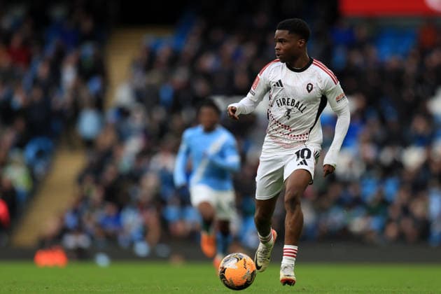 14th February 2026; Etihad Stadium, Manchester, Lancashire, England; FA Cup Football, Manchester City versus Salford City ; Kelly N& x2019;Mai of Salford City runs with the ball  DavidxBlunsden Content restricted for UK based newspaper