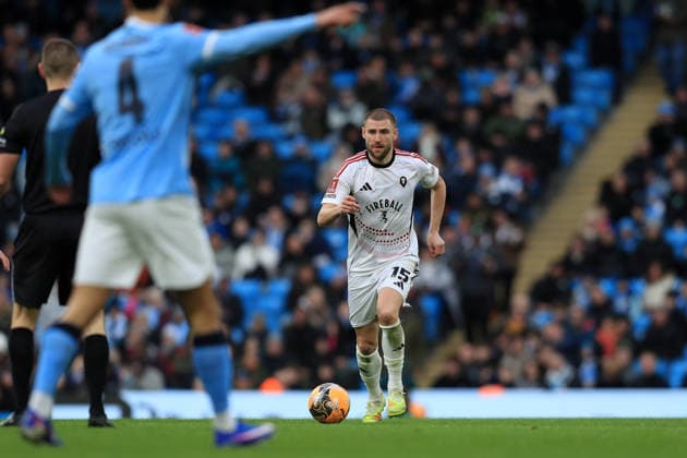 14th February 2026; Etihad Stadium, Manchester, Lancashire, England; FA Cup Football, Manchester City versus Salford City ; Brandon Cooper of Salford City runs with the ball  DavidxBlunsden Content restricted for UK based newspaper