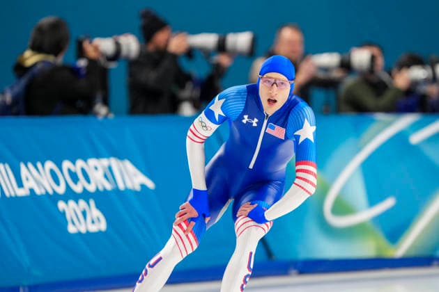 2026-02-14 - Milano Cortina 2026 Winter Olympics 500m Men MILAN, ITALY - FEBRUARY 14: Jordan Stolz of United States of America during the 500m Men of the Milano Cortina 2026 Winter Olympics at the Milano Speed skating, Eisschnelllauf Arena on February 14, 2026 in Milan, Italy Milan Milano Speed Skating Arena Italy Content not available for redistribution in The Netherlands directly or indirectly through any third parties. Copyright: xAndrexWeeningx