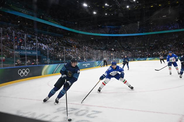 February 14, 2026, Milano, Lombardia, Italy: Kaapo Kakko (FIN),Luca Zanatta (ITA) during the Winter Olympic Games, Olympische Spiele, Olympia, OS Milano Cortina 2026, at the Milano Santagiulia IHO Arena, on February 14, 2026 in Milano, Italy Olympics 2026: Milano Cortina: Ice hockey, Eishockey Men s  - ZUMAm345 20260214_oly_m345_033 Copyright: xFedericoxManonix