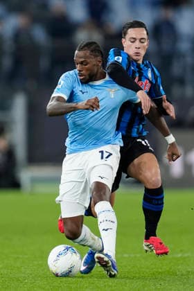 Nuno Tavares (SS Lazio) and Giacomo Raspadori (Atalanta BC) battle for the ball, Serie A, SS Lazio v Atalanta BC, Olimpico Stadium, February 14, 2026, Roma, Italy.