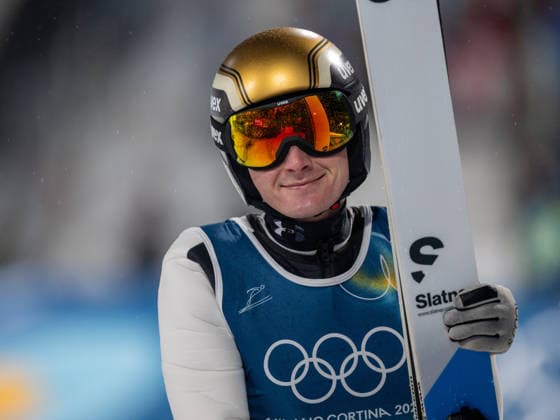 OLYMPICS - Winter Olympic Games, Olympische Spiele, Olympia, OS Milano Cortina 2026 PREDAZZO,ITALY,14.FEB.26 - OLYMPICS, Ski jumping, Skispringen, Ski, nordisch - Winter Olympic Games Milano Cortina 2026, large hill, men. Image shows the rejoicing of Domen Prevc (SLO).  GEPAxpictures xOliverxLerch
