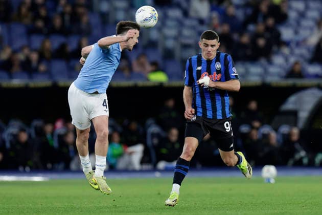 Serie A football match SS Lazio vs Atalanta BC lazio s Spanish defender Patric challenges for the ball with Atalanta s Montenegrin forward Nikola Krstovic during the Serie A football match SS Lazio vs Atalanta BC at Olimpico Stadium on February 14, 2026, in Rome. _BPH2458 Copyright: xAntonioxBalascox