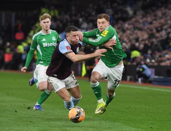 Harvey Barnes of Newcastle United in action with Ross Barkley of Aston Villa Aston Villa v Newcastle United, Emirates FA Cup, Fourth Round, Football, Villa Park, Birmingham, UK - 14 Feb 2026Birmingham Villa Park United Kingdom EDITORIAL USE ONLY No use with unauthorised audio, video, data, fixture lists, club league logos or live services. Online in-match use limited to 120 images, no video emulation. No use in betting, games or single club league player publications. Copyright: xAlanxWalter Shutterstockx 16608496aq