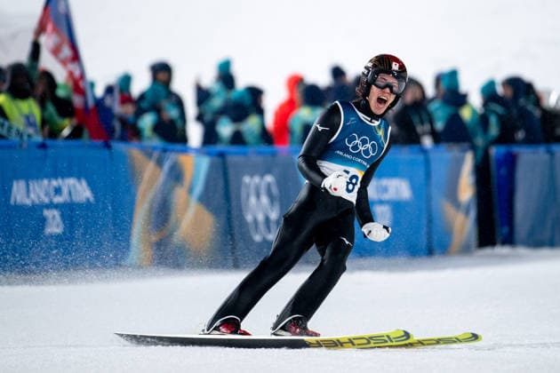 NIKAIDO Ren (Japan) jubelt im Ziel ueber einen guten Sprung, ITA, Olympische Spiele Milano Cortina 2026, Olympia, Skispringen, Großschanze Herren Einzel, 14.02.2026 ITA, Olympische Spiele Milano Cortina 2026, Olympia, Skispringen, Großschanze Herren Einzel, 14.02.2026 Predazzo *** NIKAIDO Ren Japan celebrates a good jump at the finish, ITA, Olympic Games Milano Cortina 2026, Olympics, Ski jumping, Large hill mens singles, 14 02 2026 ITA, Olympic Games Milano Cortina 2026, Olympics, Ski jumping, Large hill mens singles, 14 02 2026 Predazzo Copyright: xEibner-Pressefoto Memmlerx EP_MMR