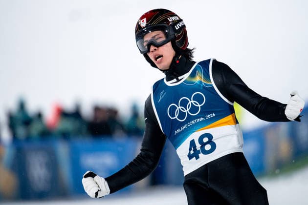 NIKAIDO Ren (Japan) jubelt im Ziel ueber einen guten Sprung, ITA, Olympische Spiele Milano Cortina 2026, Olympia, Skispringen, Großschanze Herren Einzel, 14.02.2026 ITA, Olympische Spiele Milano Cortina 2026, Olympia, Skispringen, Großschanze Herren Einzel, 14.02.2026 Predazzo *** NIKAIDO Ren Japan celebrates a good jump at the finish, ITA, Olympic Games Milano Cortina 2026, Olympics, Ski jumping, Large hill mens singles, 14 02 2026 ITA, Olympic Games Milano Cortina 2026, Olympics, Ski jumping, Large hill mens singles, 14 02 2026 Predazzo Copyright: xEibner-Pressefoto Memmlerx EP_MMR