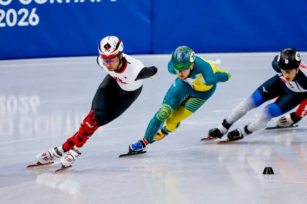 William Dandjinou of Canada and Brendan Corey of Australia Men s 1500m Quarterfinals, Milano Cortina 2026 Winter Olympics: Day 8, Short Track Speed skating, Eisschnelllauf - Milano Cortina 2026 Winter Olympics: Day 8, Milano Speed Skating Stadium, February 14, 2026, Milan, Italy.