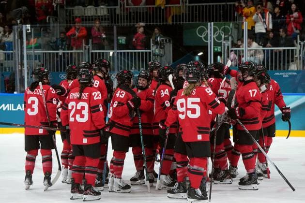 February 14, 2026, Milan, ITALY: Canada players celebrate the team s 5-1 win over Germany following the third period of a women s hockey quarterfinal game at the 2026 Winter Olympics, in Milan, Saturday, Feb. 14, 2026. Canada News - February 14, 2026  - ZUMAc35_ 20260214_zaf_c35_085 Copyright: xDarrylxDyckx