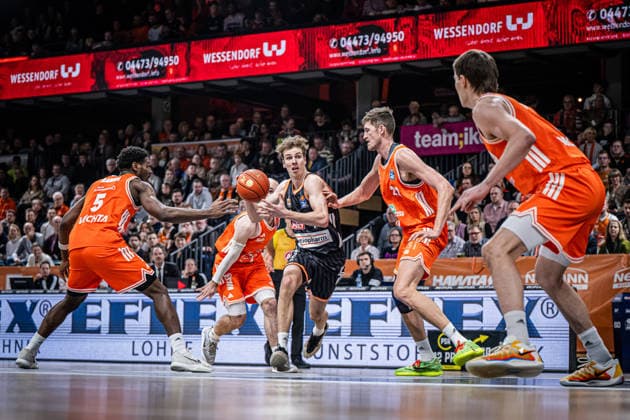 1. Basketball Bundesliga, easyCredit BBL, Saison 2025 2026, Herren, Hauptrunde, 20. Spieltag, 14.02.2026, RASTA Vechta - ratiopharm Ulm Tobias Jensen ( 7 - ratiopharm ulm) in Aktion Vechta RASTA Dome Niedersachsen Deutschland