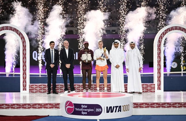Qatar TotalEnergies Open 2026 Final, victory ceremony, winner Karolina Muchova (r, CZE) and runner up Victoria Mboko (l, CAN) Karolina Muchova (CZE), Victoria Mboko (CAN)