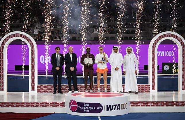 Qatar TotalEnergies Open 2026 Final, victory ceremony, winner Karolina Muchova (r, CZE) and runner up Victoria Mboko (l, CAN) Karolina Muchova (CZE), Victoria Mboko (CAN)