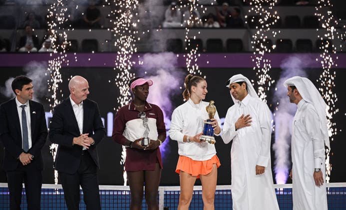 Qatar TotalEnergies Open 2026 Final, victory ceremony, winner Karolina Muchova (r, CZE) and runner up Victoria Mboko (l, CAN) Karolina Muchova (CZE), Victoria Mboko (CAN)