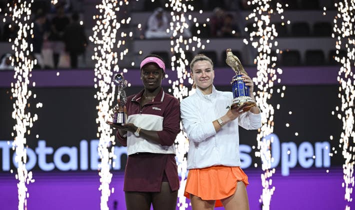 Qatar TotalEnergies Open 2026 Final, victory ceremony, winner Karolina Muchova (r, CZE) and runner up Victoria Mboko (l, CAN) Karolina Muchova (CZE), Victoria Mboko (CAN) *** Qatar TotalEnergies Open 2026 Final, victory ceremony, winner Karolina Muchova r, CZE and runner up Victoria Mboko l, CAN Karolina Muchova CZE , Victoria Mboko CAN