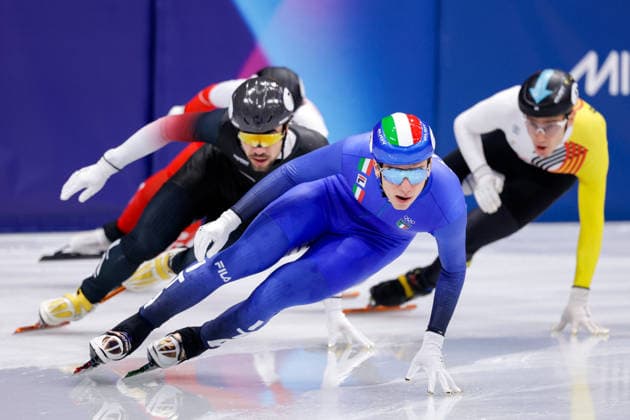 2026-02-14 Short Track Speed skating, Eisschnelllauf - Milano Cortina 2026 Winter Olympics - Day 8 MILAN, ITALY - FEBRUARY 14: Thomas Nadalini of Italy competing in the Men s 1500m during Day 8 of Short Track Speed Skating - Milano Cortina 2026 Winter Olympics at Milano Ice Skating Arena on February 14, 2026 in Milan, Italy. (Photo by Joris Verwijst BSR Agency) Milan Italy Content not available for redistribution in The Netherlands directly or indirectly through any third parties. Copyright: xBSRxAgencyx