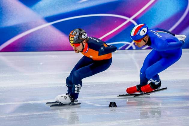 Friso Emons of the Netherlands and Pietro Sighel of Italy Men s 1500m Quarterfinals, Milano Cortina 2026 Winter Olympics: Day 8, Short Track Speed skating, Eisschnelllauf - Milano Cortina 2026 Winter Olympics: Day 8, Milano Speed Skating Stadium, February 14, 2026, Milan, Italy.