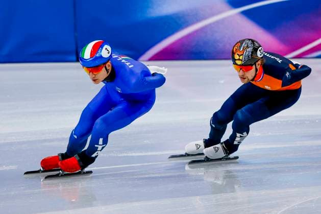 Friso Emons of the Netherlands and Pietro Sighel of Italy Men s 1500m Quarterfinals, Milano Cortina 2026 Winter Olympics: Day 8, Short Track Speed skating, Eisschnelllauf - Milano Cortina 2026 Winter Olympics: Day 8, Milano Speed Skating Stadium, February 14, 2026, Milan, Italy.