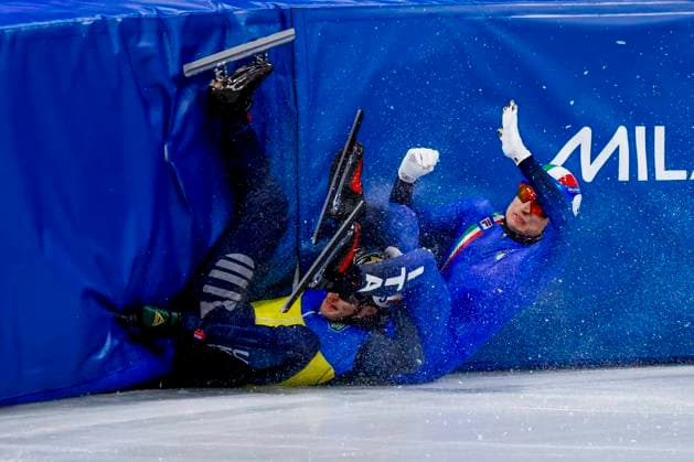 crash Oleh Handei of Ukraine and Pietro Sighel of Italy Men s 1500m Quarterfinals, Milano Cortina 2026 Winter Olympics: Day 8, Short Track Speed skating, Eisschnelllauf - Milano Cortina 2026 Winter Olympics: Day 8, Milano Speed Skating Stadium, February 14, 2026, Milan, Italy.