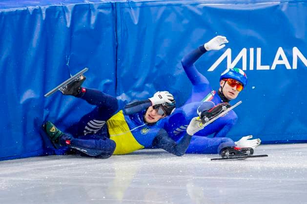 crash Oleh Handei of Ukraine and Pietro Sighel of Italy Men s 1500m Quarterfinals, Milano Cortina 2026 Winter Olympics: Day 8, Short Track Speed skating, Eisschnelllauf - Milano Cortina 2026 Winter Olympics: Day 8, Milano Speed Skating Stadium, February 14, 2026, Milan, Italy.