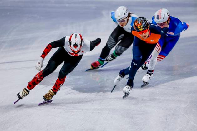 Steven Dubois of Canada and Friso Emons of the Netherlands and Brandon Kim of United States of America Men s 1500m Quarterfinals, Milano Cortina 2026 Winter Olympics: Day 8, Short Track Speed skating, Eisschnelllauf - Milano Cortina 2026 Winter Olympics: Day 8, Milano Speed Skating Stadium, February 14, 2026, Milan, Italy.