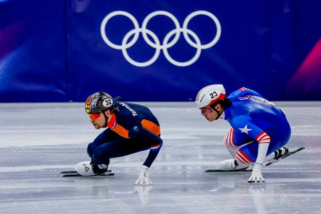 Friso Emons of the Netherlands and Brandon Kim of United States of America Men s 1500m Quarterfinals, Milano Cortina 2026 Winter Olympics: Day 8, Short Track Speed skating, Eisschnelllauf - Milano Cortina 2026 Winter Olympics: Day 8, Milano Speed Skating Stadium, February 14, 2026, Milan, Italy.