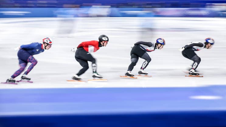 ITALY, MILAN - FEBRUARY 14, 2026: Niall Treacy of the UK, Nicolas Andremann of Austria, Shin Dong-min and Rim Jong-un (L-R) of South Korea compete in the men s 1,500m short-track Speed skating, Eisschnelllauf quarterfinals during the 2026 Winter Olympic Games, Olympische Spiele, Olympia, OS at the Milano Ice Skating Arena. Peter Kovalev TASS  88710156