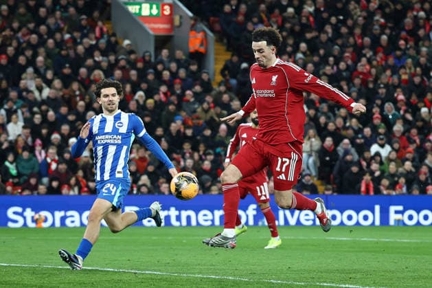 Liverpool v Brighton & Hove Albion, Emirates FA Cup GOAL Curtis Jones of Liverpool scores 1-0 during the Liverpool v Brighton & Hove Albion Emirates FA Cup 4th Round match at Anfield, Liverpool, England on 14 February 2026 Credit: Ian Stephen Every Second Media Editorial use only. All images are copyright Every Second Media Limited. No images may be reproduced without prior permission. All rights reserved. Premier League and Football League images are subject to licensing agreements with Football DataCo Limited. see https: www.football-dataco.com Copyright: xIMAGO EveryxSecondxMediax ESM-1800-0027 IanxStephenx xEveryxSecondxMediax