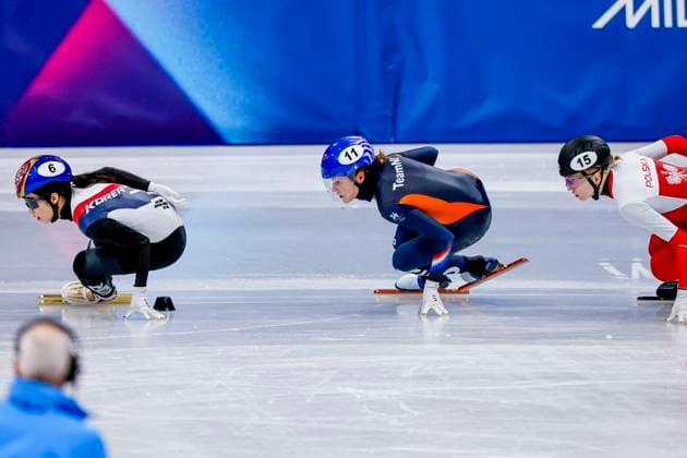 Michelle Velzeboer of the Netherlands and Gilli Kim of Republic of Korea and Kamila Sellier-Stormowska of Poland Women s 1000m, Milano Cortina 2026 Winter Olympics: Day 8, Short Track Speed skating, Eisschnelllauf - Milano Cortina 2026 Winter Olympics: Day 8, Milano Speed Skating Stadium, February 14, 2026, Milan, Italy.