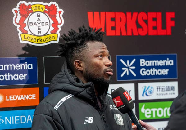Edmond TAPSOBA (Bayer 04 Leverkusen, 12) nach dem Spiel im Interview 14.02.2026, Bayer Leverkusen - FC St. Pauli, Fussball, 1.Bundesliga, GER, Leverkusen, BayArena DFL regulations prohibit any use of photographs as image sequences and or quasi-video. *** Edmond TAPSOBA Bayer 04 Leverkusen, 12 after the match in an interview 14 02 2026, Bayer Leverkusen FC St Pauli, Football, 1 Bundesliga, GER, Leverkusen, BayArena DFL regulations prohibit any use of photographs as image sequences and or quasi video Copyright: HMBxMedia xMarcoxBader