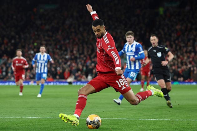 Liverpool v Brighton & Hove Albion, Emirates FA Cup Cody Gakpo of Liverpool shoots at goal during the Liverpool v Brighton & Hove Albion Emirates FA Cup 4th Round match at Anfield, Liverpool, England on 14 February 2026 Credit: Ian Stephen Every Second Media Editorial use only. All images are copyright Every Second Media Limited. No images may be reproduced without prior permission. All rights reserved. Premier League and Football League images are subject to licensing agreements with Football DataCo Limited. see https: www.football-dataco.com Copyright: xIMAGO EveryxSecondxMediax ESM-1800-0044 IanxStephenx xEveryxSecondxMediax