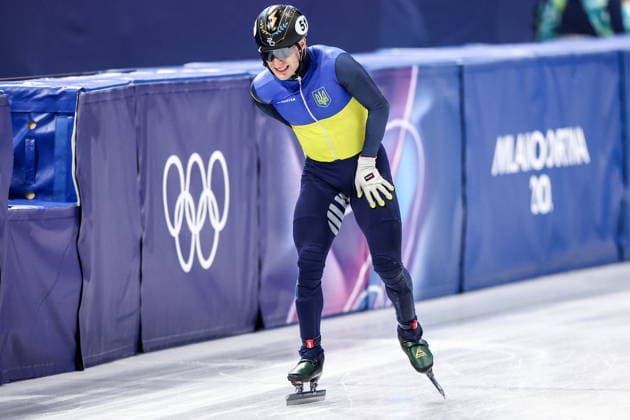 ITALY, MILAN - FEBRUARY 14, 2026: Oleh Handei of Ukraine competes in the men s 1,500m short-track Speed skating, Eisschnelllauf quarterfinals during the 2026 Winter Olympic Games, Olympische Spiele, Olympia, OS at the Milano Ice Skating Arena. Peter Kovalev TASS  88712430