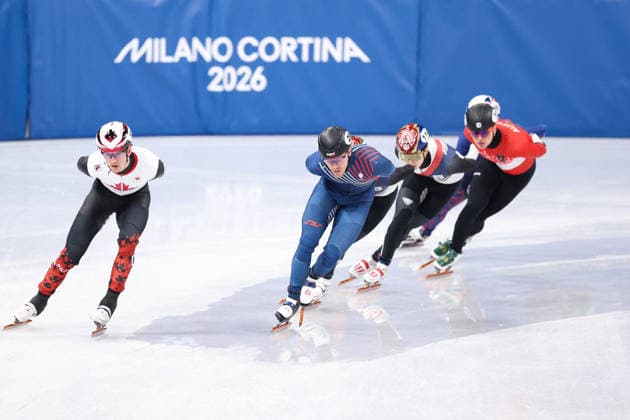 Winter Olympics - Quentin Fercoq At Short Track Speed skating, Eisschnelllauf Men’s 1500M ROUSSEL Felix of Team Canada and Quentin Fercoq of Team France compete in the short track speed skating men s 1500m quarter-final during the Milano Cortina 2026 Winter Olympic Games, Olympische Spiele, Olympia, OS at Milano Ice Skating Arena in Milan, Italy on February 14, 2026. Photo by Alexis Jumeau ABACAPRESS.COM Milan Italy  Copyright: xJumeauxAlexis ABACAx