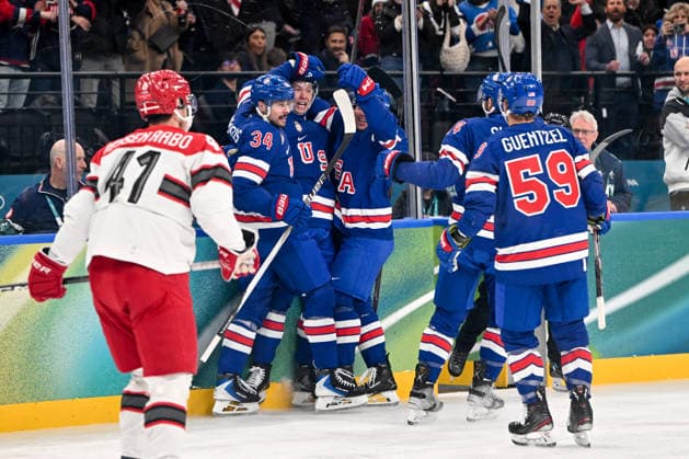 14 02 2026, Milano, Santa Giulia Ice hockey, Eishockey Arena, Winter Olympics: USA - Denmark (Ice Hockey), Matt Boldy of United States celebrate his goal with Auston Matthews of United States (L) Milano Santa Giulia Ice Hockey Arena Lombardy Italy *** 14 02 2026, Milano, Santa Giulia Ice Hockey Arena, Winter Olympics USA Denmark Ice Hockey , Matt Boldy of United States celebrate his goal with Auston Matthews of United States L Milano Santa Giulia Ice Hockey Arena Lombardy Italy Copyright: xJustPictures.ch AndreaxBrancax jp-en-AnBr-AB-AAB_085714022026