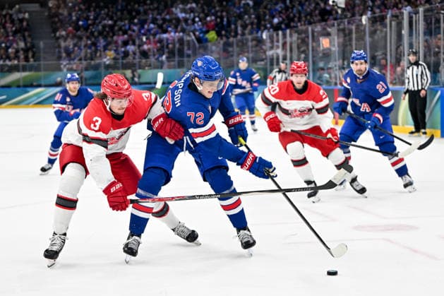 14 02 2026, Milano, Santa Giulia Ice hockey, Eishockey Arena, Winter Olympics: USA - Denmark (Ice Hockey), Tage Thompson of United States against Malte Setkov of Denmark Milano Santa Giulia Ice Hockey Arena Lombardy Italy *** 14 02 2026, Milano, Santa Giulia Ice Hockey Arena, Winter Olympics USA Denmark Ice Hockey , Tage Thompson of United States against Malte Setkov of Denmark Milano Santa Giulia Ice Hockey Arena Lombardy Italy Copyright: xJustPictures.ch AndreaxBrancax jp-en-AnBr-AB-AAB_118414022026