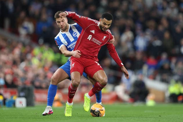 Liverpool v Brighton 14 February 2026, Liverpool - Emirates FA Cup, Fourth Round - Liverpool v Brighton & Hove Albion - Joel Veltman of Brighton & Hove Albion and Cody Gakpo of Liverpool - Photo: Charlotte Wilson Offside. Liverpool UK Copyright: xCharlottexWilsonx xOffsidexOffside