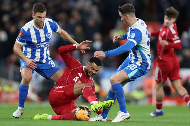 Liverpool v Brighton 14 February 2026, Liverpool - Emirates FA Cup, Fourth Round - Liverpool v Brighton & Hove Albion - Joel Veltman of Brighton & Hove Albion, Cody Gakpo of Liverpool and Pascal Gross of Brighton & Hove Albion - Photo: Charlotte Wilson Offside. Liverpool UK Copyright: xCharlottexWilsonx xOffsidexOffside